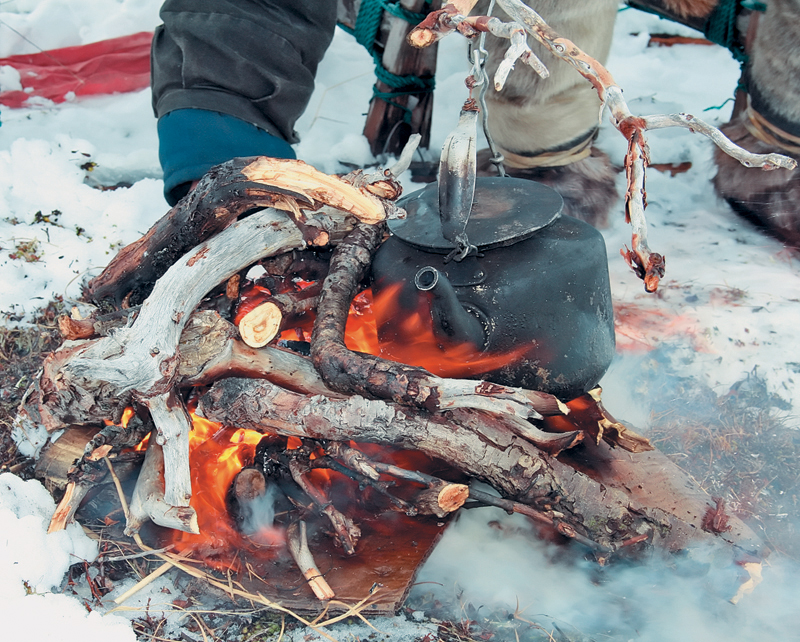 «Настоящий чукотский завтрак в тундре. Сухое дерево быстро загорелось, на нарты привесили корягу, на которую зацепили<br />
чайник. Заодно удалось погреться». фото: Алексей Прокуроров.