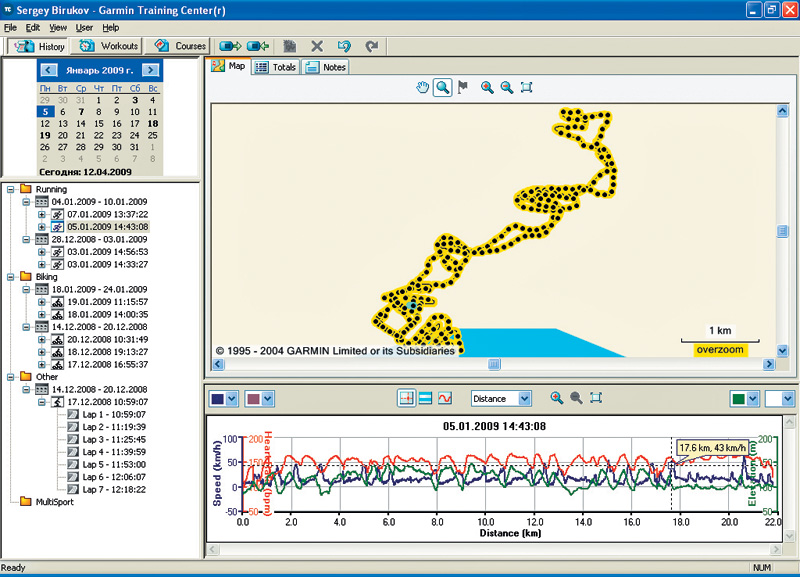 Интерфейс программы GARMIN Training center 3.4.3.