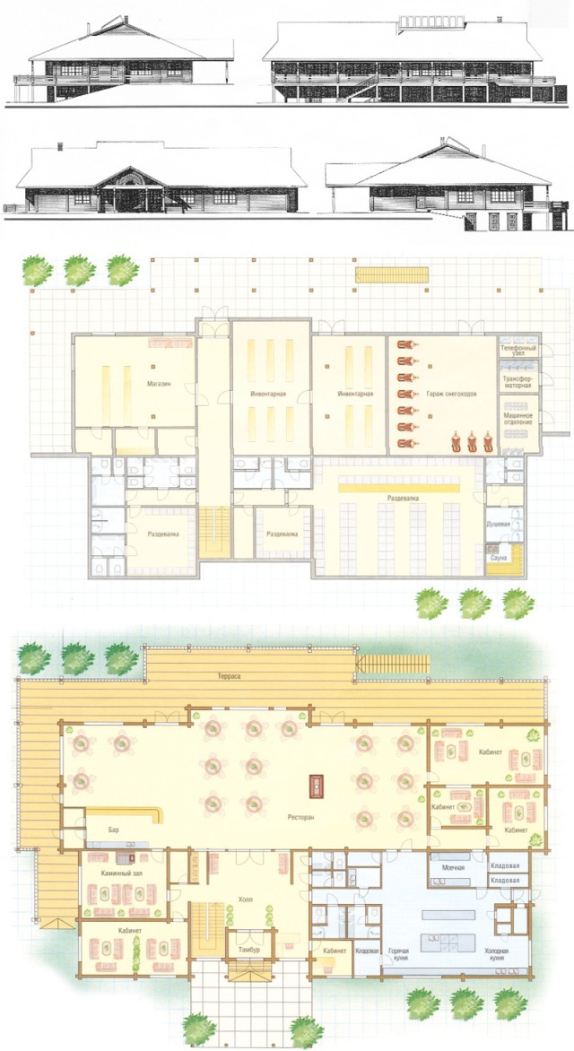 Ничего сверхъестественного: типовой проект Лыжного центра от АО Хонкаракенне. В легком бревенчатом одноэтажном здании общей площадью в 1.736 квадратных метров размещаются небольшой спортивный магазин, хранилища спортивного инвентаря (здесь можно оборудовать, например, пункт проката лыжного снаряжения), гараж снегоходов или ретраков, раздевалки, баня, подсобки. В мансардном помещении - ресторан, кухня, бар, каминный зал, кабинеты. Такого рода недорогие и вполне экологичные проекты легко могут быть реализованы в любой точке России.