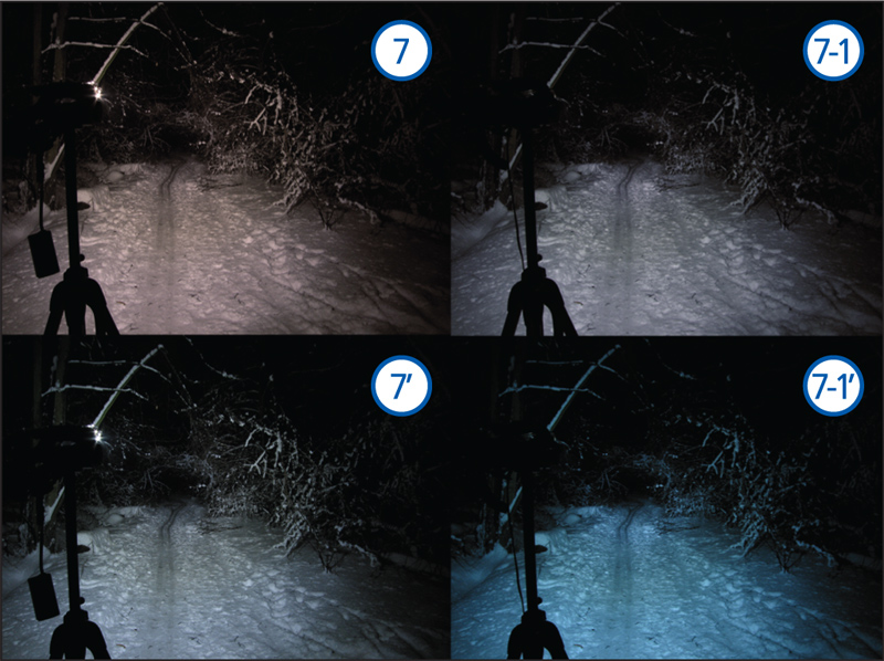 Сравнение фонарей с различной цветовой температурой в лесу. Наоснове Vaska тёплая (7) и норма (7-1) при двух вариантах баланса белого.
 Рисунок 2.