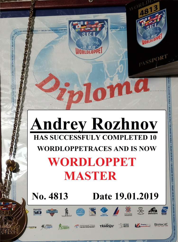 Диплом Worldloppet-мастера №4813 Андрея Рожнова.