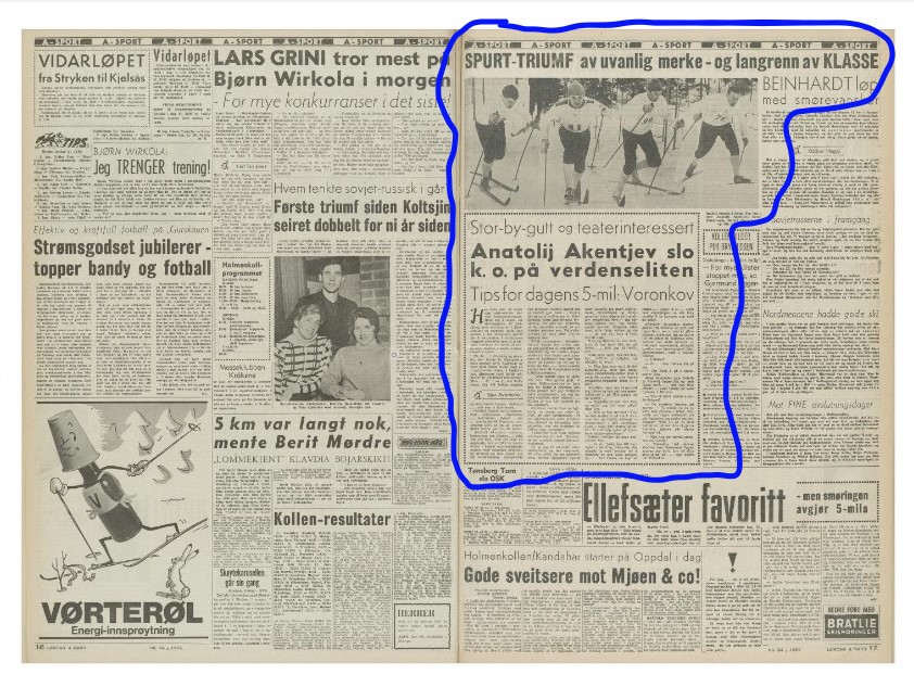 "Спурт-Триумф" - газетный отчет о гонке 15 км в Холменколлене 1967 г.