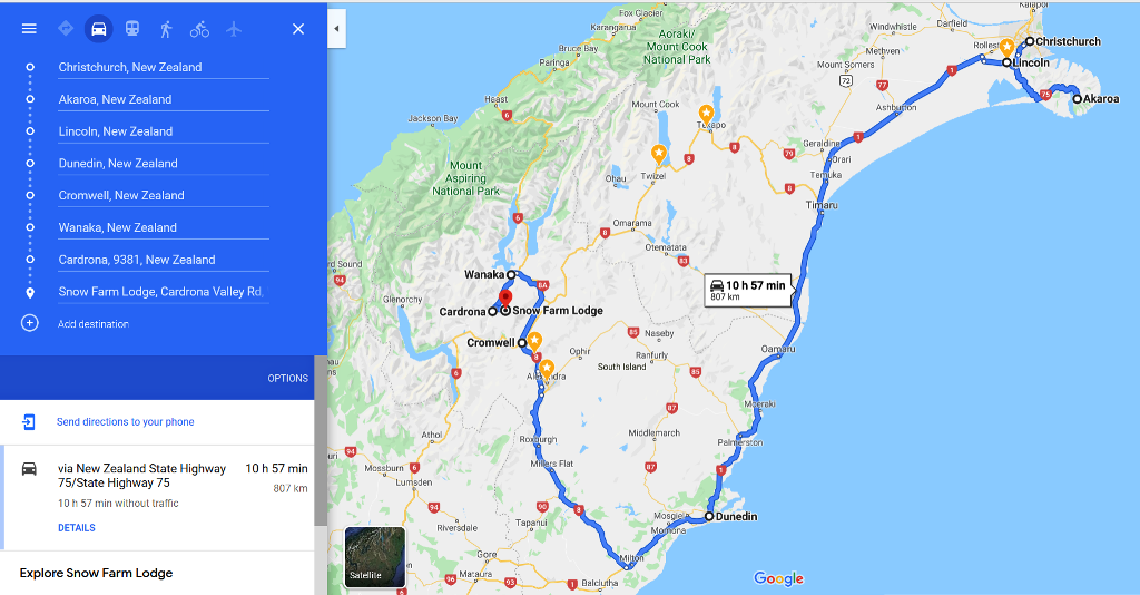 Маршрут Крайстчерч – Акароа - Данидин – Уанака – Кардрона – Снежная ферма
