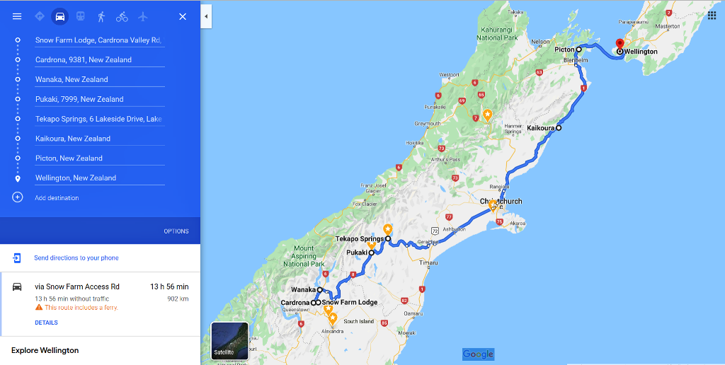 Маршрут Кардрона - Уанака - Текапо – Каикоура – Пиктон - Веллингтон
