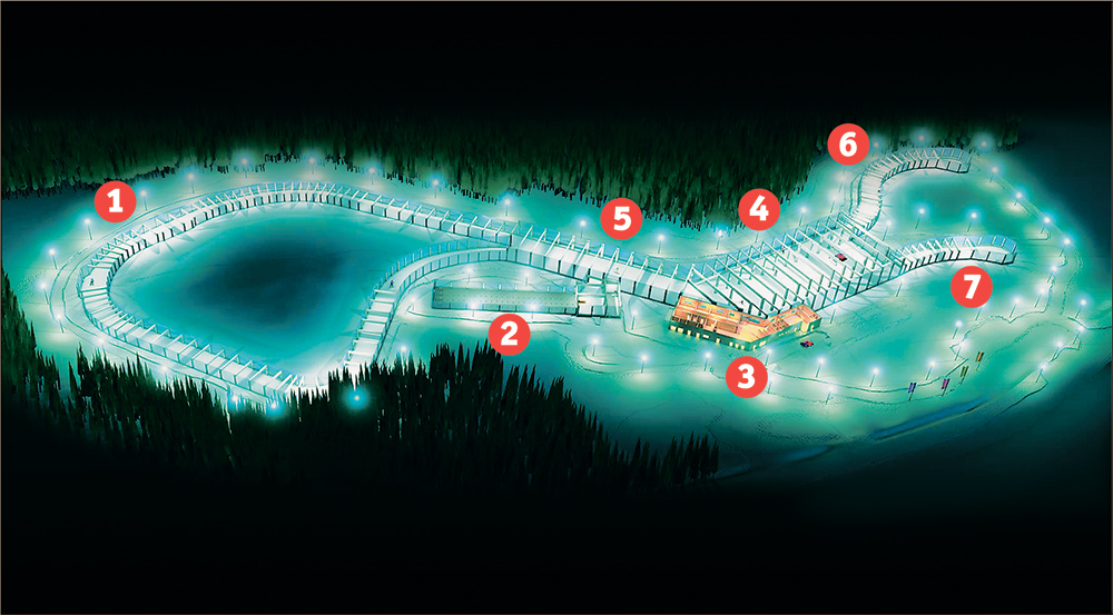 1. Западная петля шириною в 8 метров; 2. Биатлонное стрельбище; 3. Административное здание, включающее в себя раздевалки, кафе, конференц-зал, медпункт, помещение для подготовки лыж, технические помещения; 4. Центральный зал шириной в 35 метров и высотой потолков в 8 метров; 5. Участок трубы для двустороннего движения шириной 16 метров; 6. Северо-восточная петля 7. Восточная петля. 