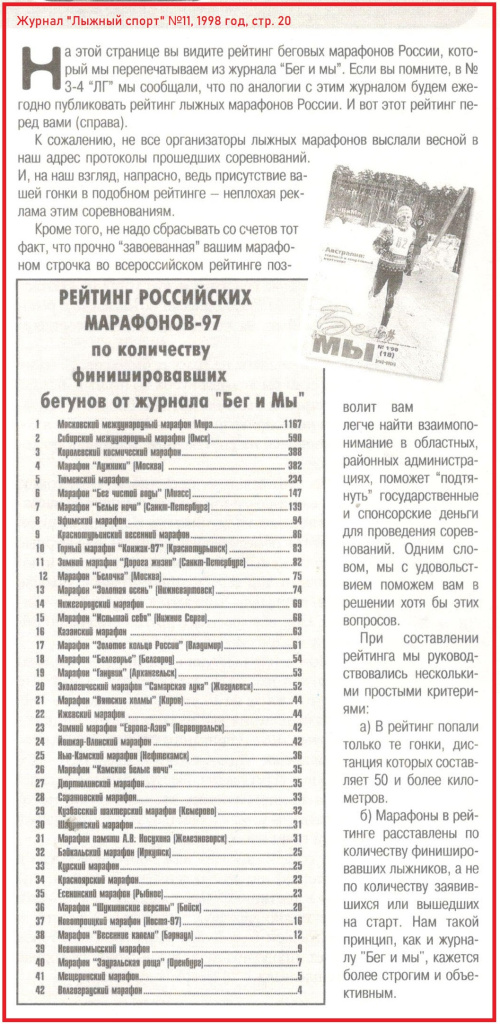В этом номере мы перепечатали рейтинг беговых марафонов России от журнала "Бег и мы". 