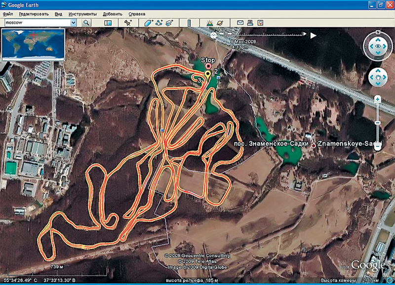 Изображение трассы лыжного марафона в Битце в программе Google Earth. Цвета на треке показывают персональные пульсовые зоны, что делает картину наглядной. Ярко-красный цвет соответствует самой высокой нагрузке.